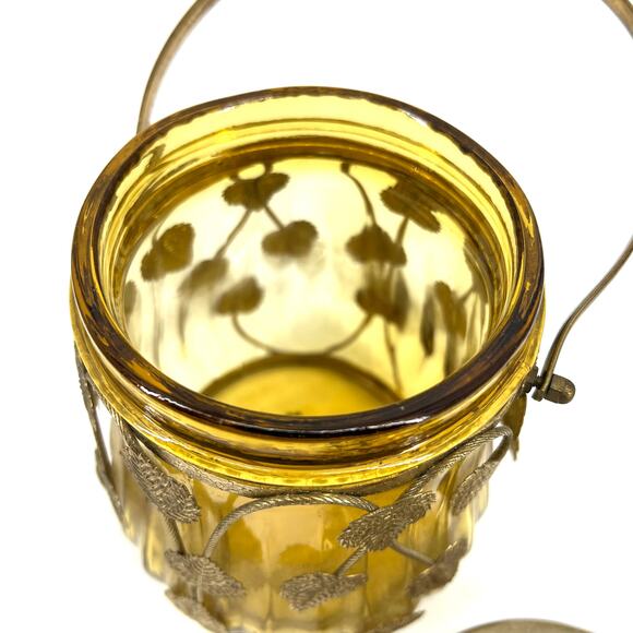 VTG Amber Glass Biscuit Jar Music Box Lid plays Love Story Metal Leaf Overlay - Picture 4 of 7